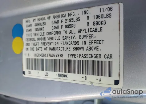 2007 Honda Accord 2.4 Lx из США, поврежденный, VIN 1HGCM56417A067978